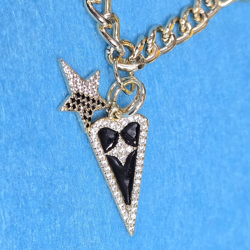 Necklace Kind Heart Pave Heart Star Black Clear Rhinestone Gold Tone